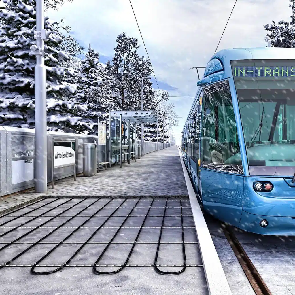Delta-Therm heating cables laid along a snowy tram platform