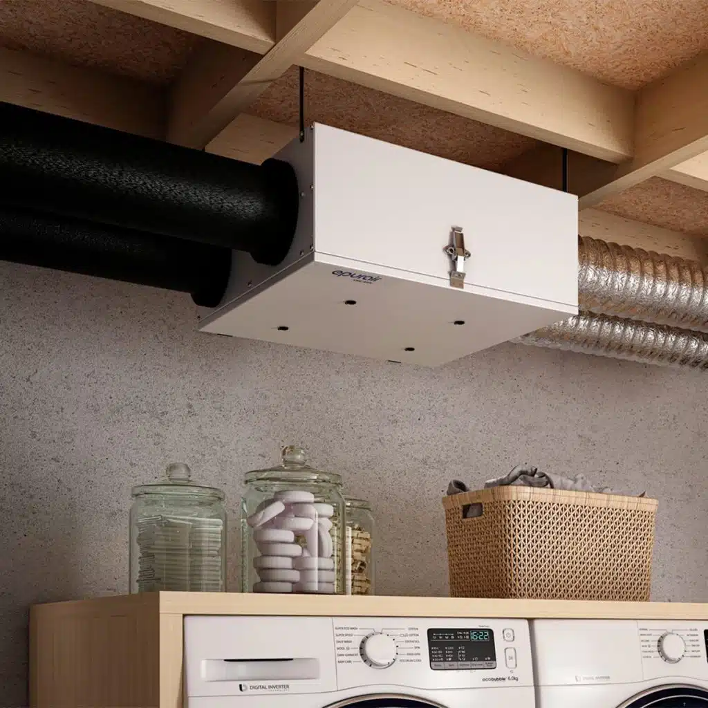Epurair air exchanger mounted on a laundry room ceiling