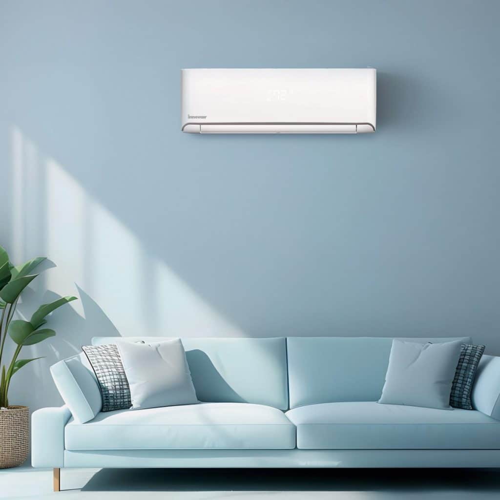 Innovair wall-mounted heat pump above a sofa
