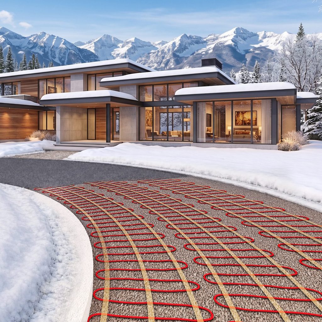 Warmzone heated driveway in front of a snowy house
