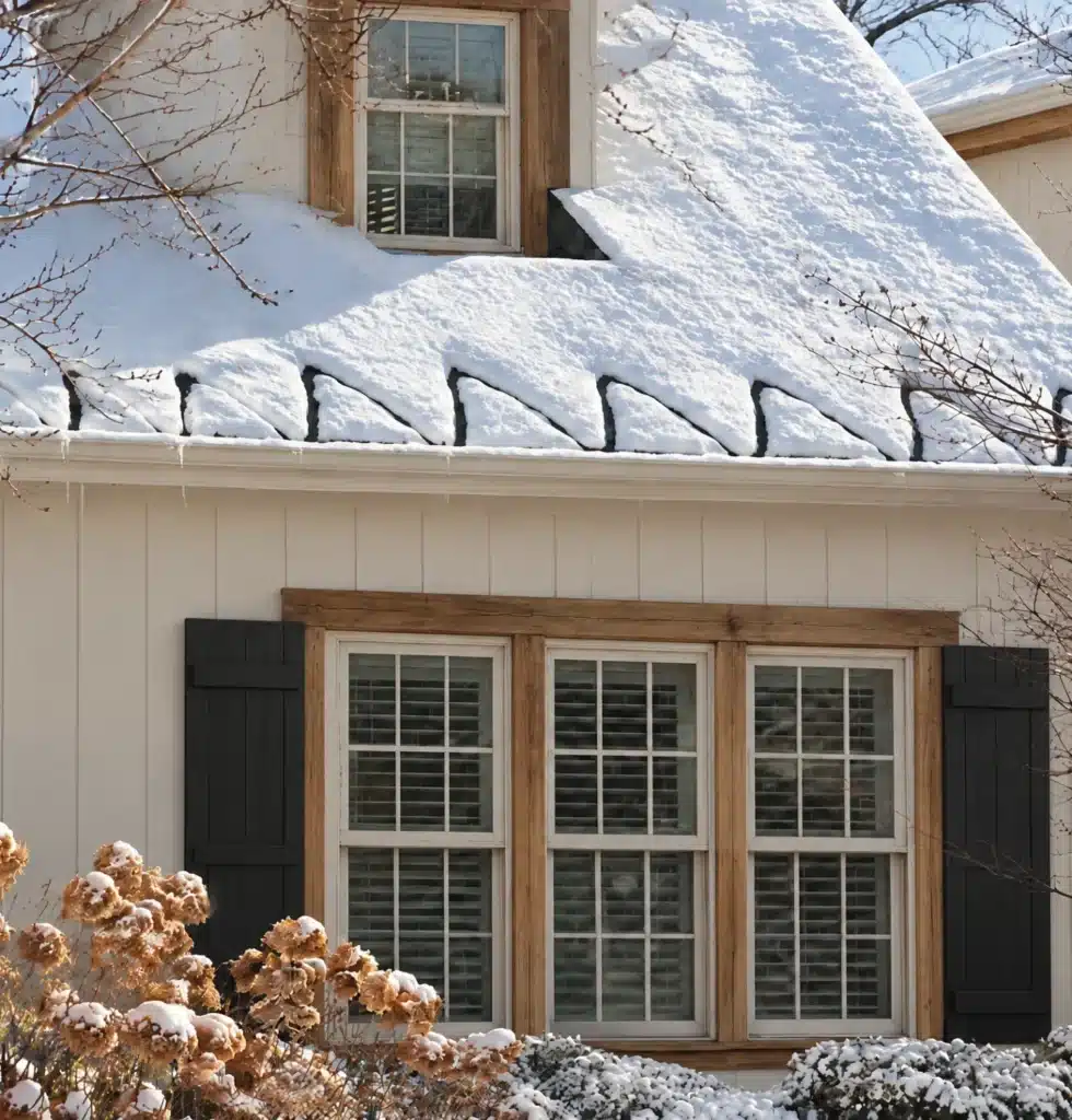 Roof de-icing heating cables installed in a zigzag pattern along a snow-covered roof edge