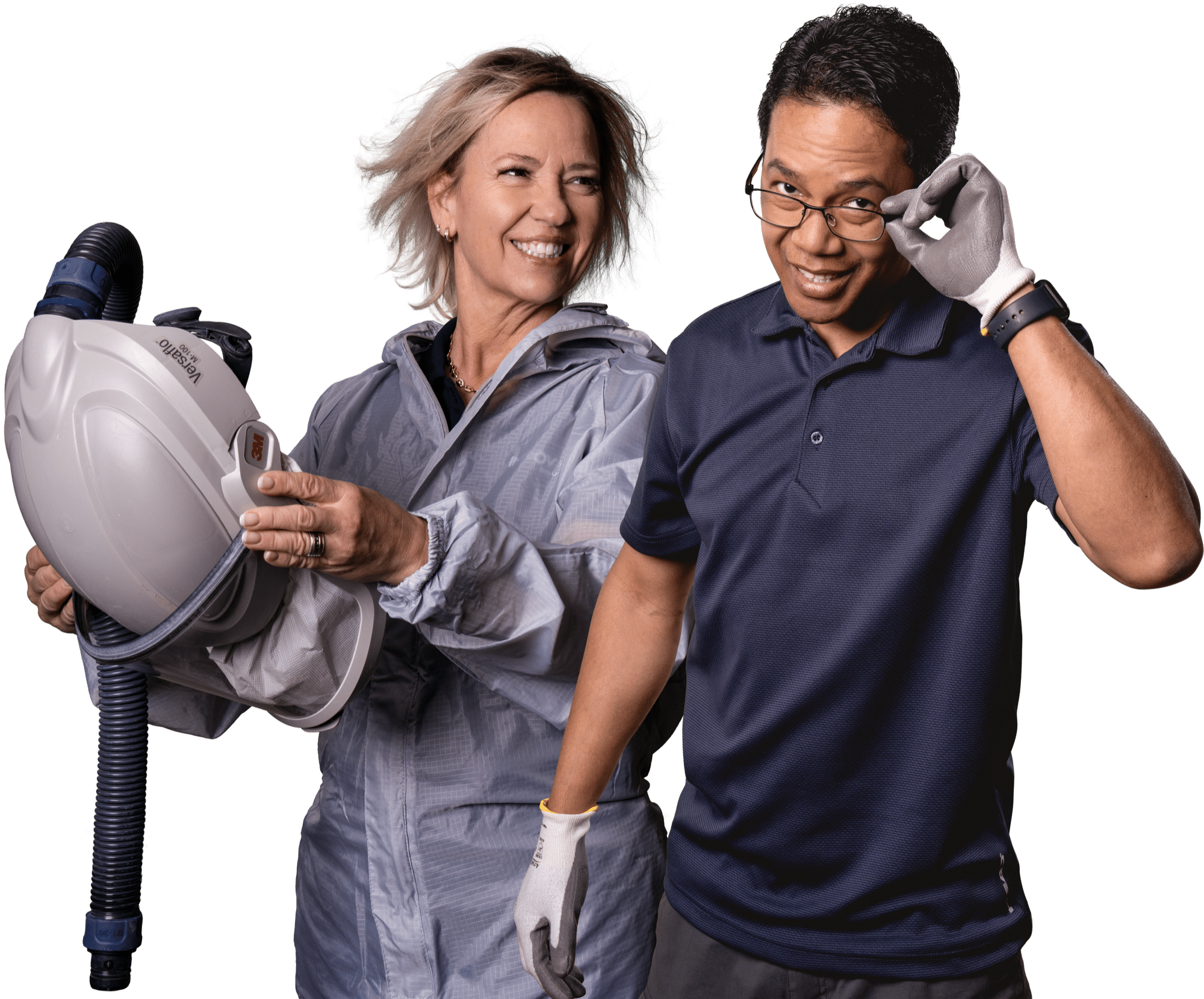 Innovair Solutions employee holding a respirator alongside a colleague wearing work gloves