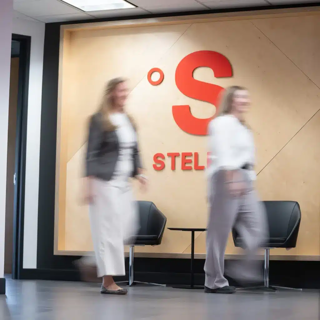 Two Stelpro colleagues walking through the reception area, in front of the company logo